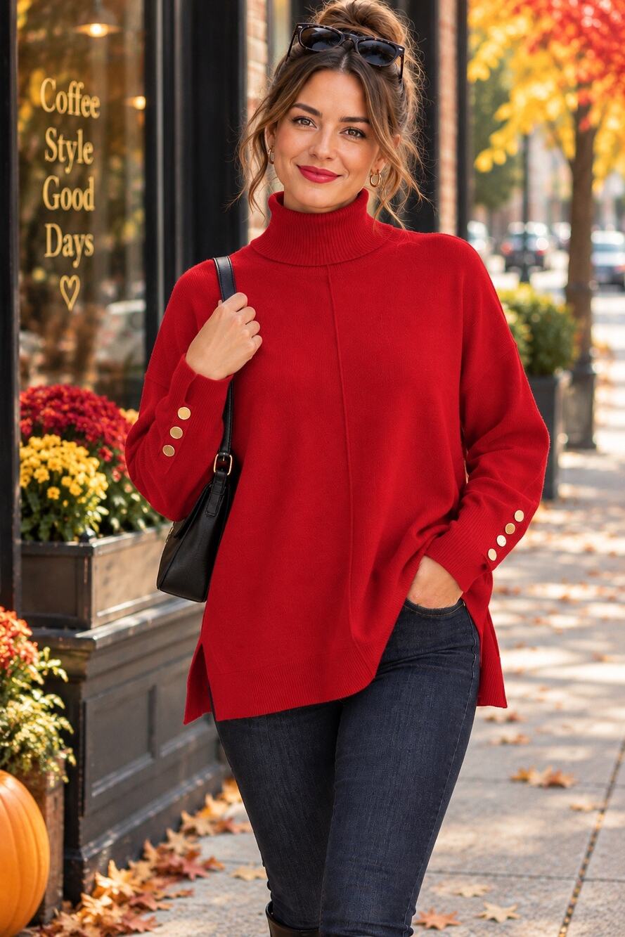Anne Klein M Red Turtleneck Tunic Sweater Gold Button Cuffs Oversized
